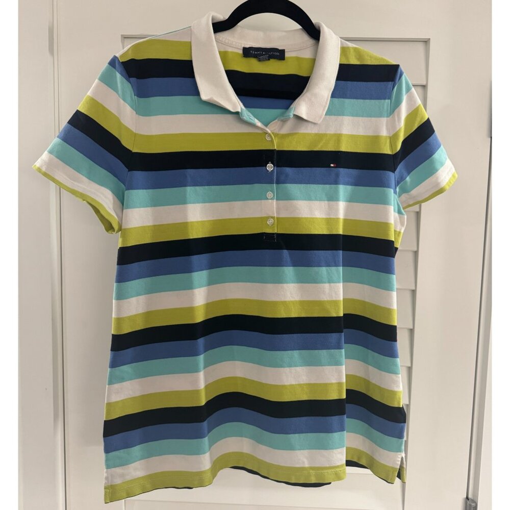 **SALE** Tommy Hilfiger Women's Striped Polo Shirt (Mint/Teal/White, Size XL)